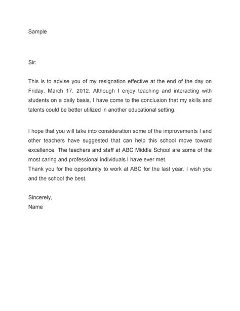 teacher resignation letter   job    letter