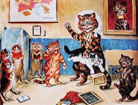 Naughty Puss By Louis Wain Cat Spanking By Teacher Repro Postcard