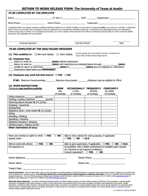 ut return  work release form fill  printable fillable