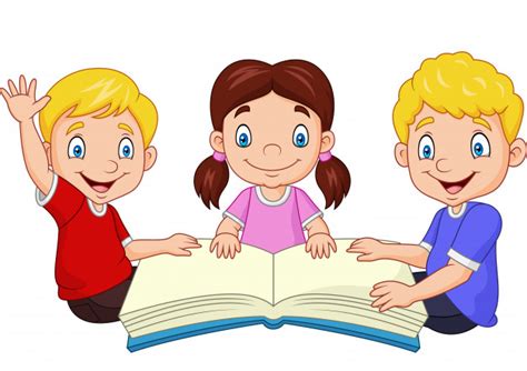 crianças felizes dos desenhos animados lendo um livro
