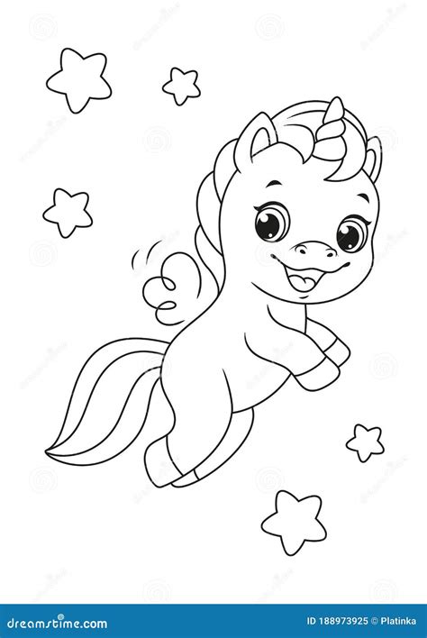 flying happy unicorn coloring page stock vector illustration  star