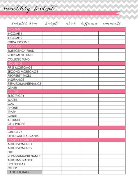 monthly budget worksheets printable