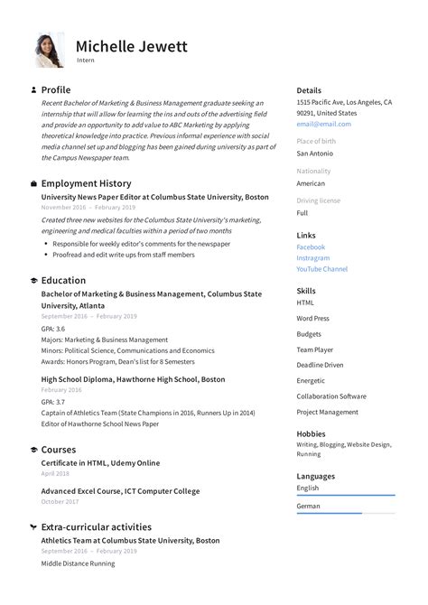 list  internship   resume resume template