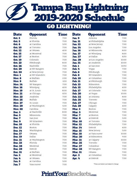printable tampa bay lightning hockey schedule   tampa bay