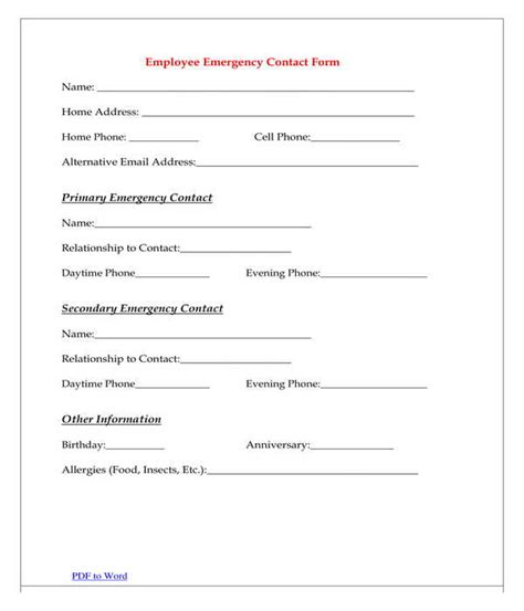 employee emergency contact forms   ms word excel