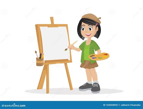 cartoon character artist girl painting  canvas stock vector