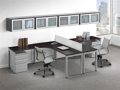 shaped desk  espresso  silver   acrylic privacy panel  overhead storage cabinets