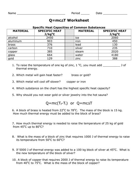 thermal energy temperature  heat worksheet answers support worksheet