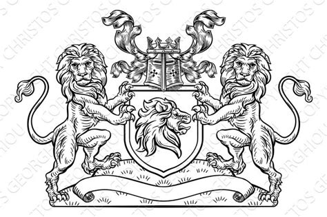 lions crest shield coat  arms heraldic emblem illustrations