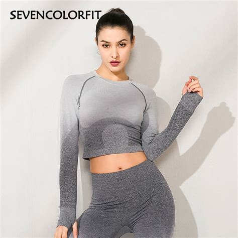 sevencolorfit seamless top long sleeve new yoga crop top fitness gym