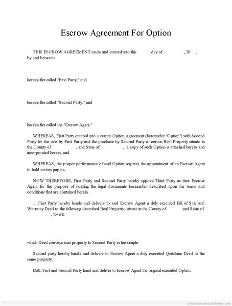 simple escrow agreement form word  template