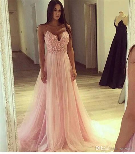 elegant blush pink prom dresses lace top sexy spaghetti a