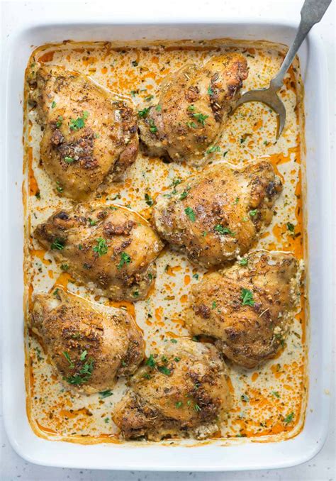 oven baked creamy chicken thighs  flavours  kitchen
