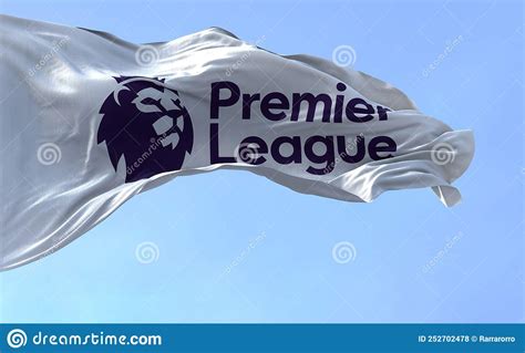close    premier league flag waving   wind editorial stock