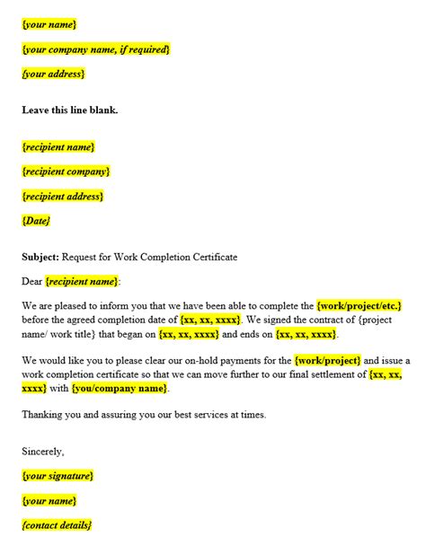 request letter  completion certificate template  samples