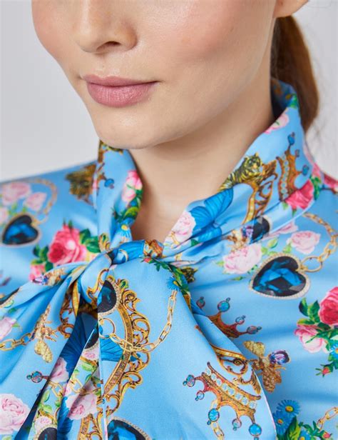 women s light blue and yellow floral fitted satin blouse single cuff