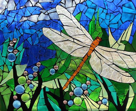 Mosaic Stained Glass Golden Brown Dragonfly Glass Art By