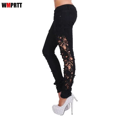 2017 Women Fashion Side Lace Jeans Hollow Out Skinny Denim Jeans