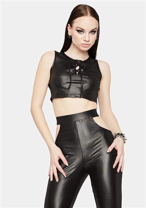 lace up tank top and cutout leggings set black vegan leather dolls kill