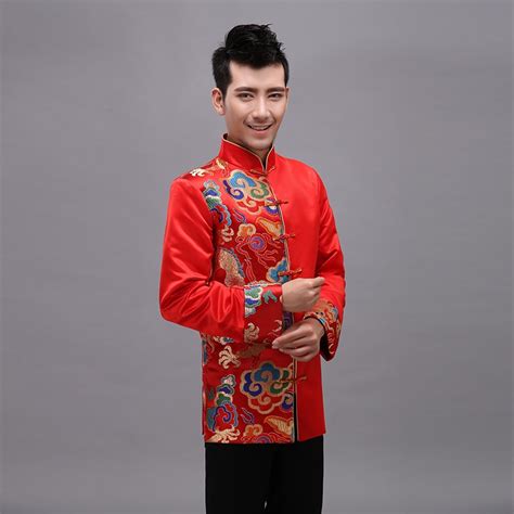 buy red traditional chinese clothing  men groom wedding qipao chinese
