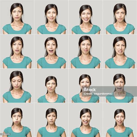young woman making facial expressions stock photo  pictures