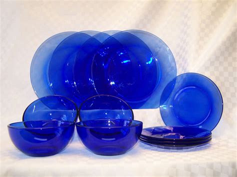 vintage cobalt blue glass dinnerware set etsy