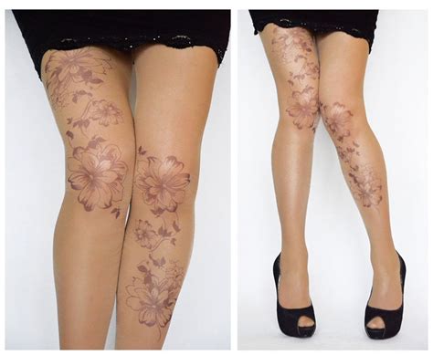 Tattoo Tights With Flowers Print Handprinted Womens Etsy