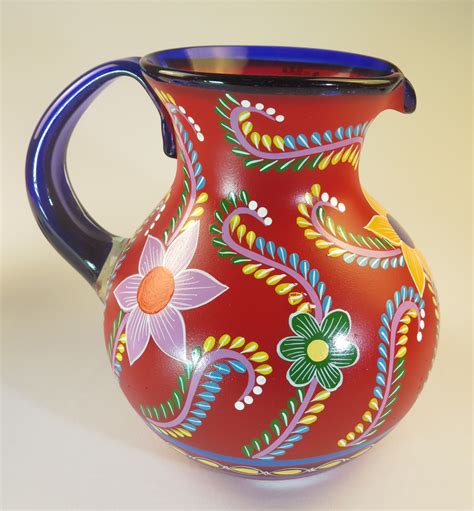 Mexican Painted Pop Flowers Pitcher And Four Glasses Red