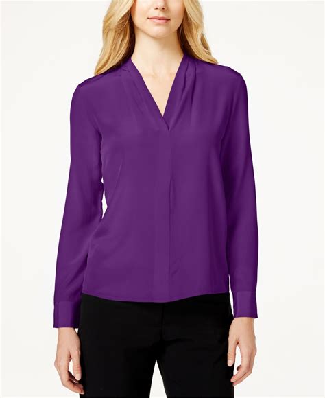lyst calvin klein silk long sleeve blouse  purple
