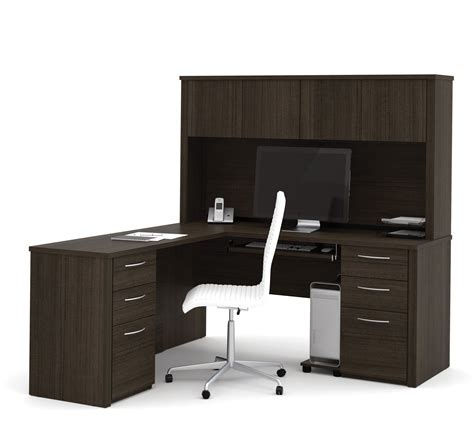 premium double pedestal  shaped desk  hutch  dark chocolate