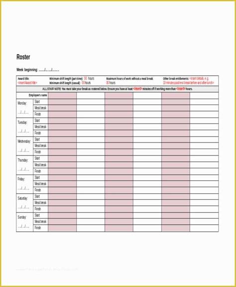 roster templates printable  roster template   word excel