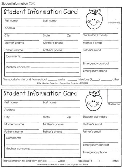 printable student information cards printable form