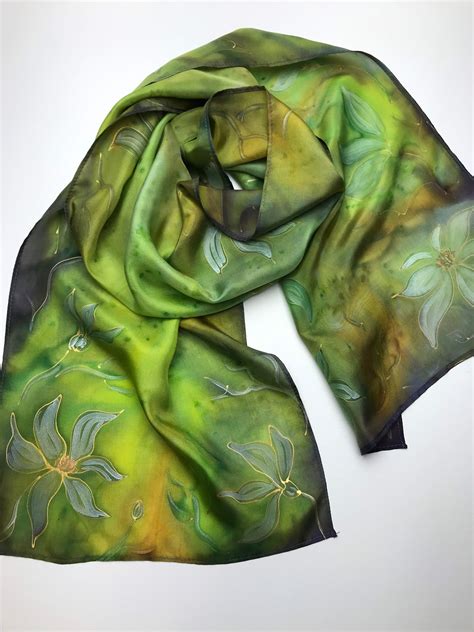 Silk Scarf Women Bright Olive Green Hand Painted 100 Pure Etsy