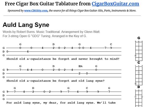 Auld Lang Syne 3 String Open G Gdg Cigar Box Guitar Tablature