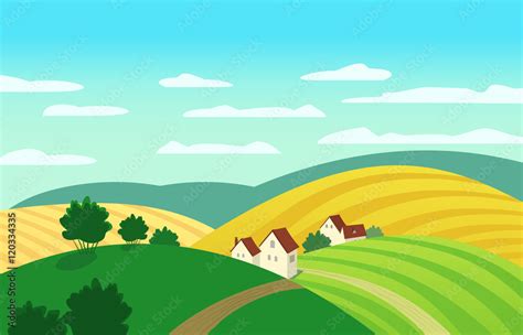 autumn landscape cartoon farm houses silhouettes country winding road