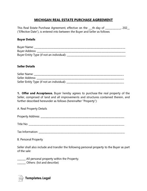 michigan purchase agreement templates  word  odt