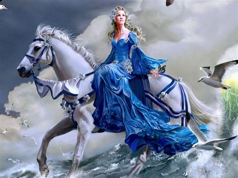 girl riding  horse  water  fantasy wallpaper