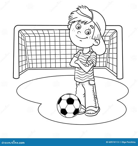 coloring page outline   boy   soccer ball stock vector