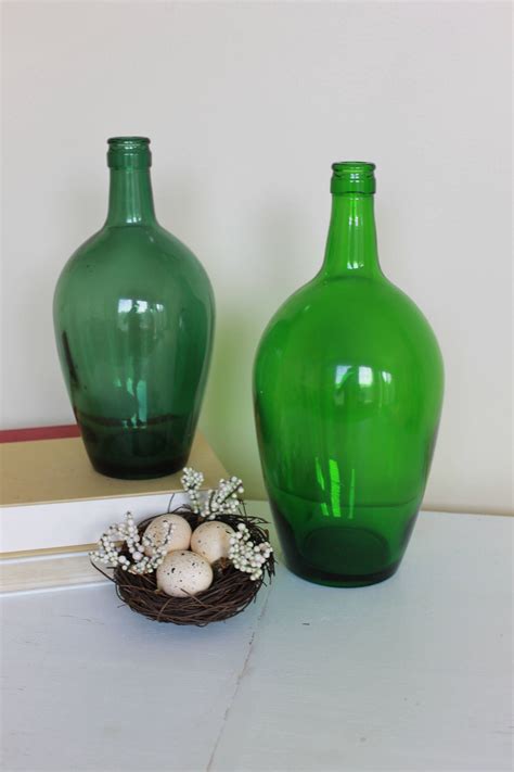 Vintage Green Glass Bottles Pair Of Vintage Wine Bottles Etsy