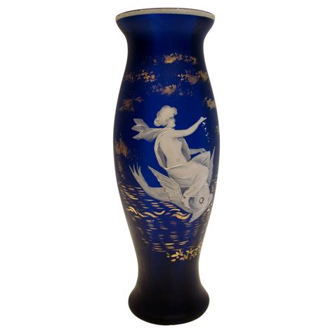 Bohemian 8” Art Glass Vase Satin Dark Blue Florentine Cameo Flying From