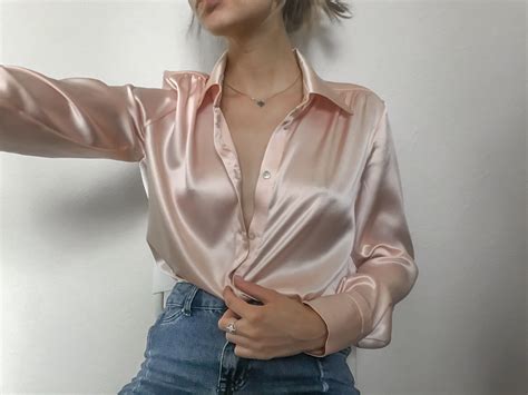 Women Silk Shirt In Peach Pink Stretch Silk Blouse Long
