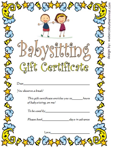 babysitting gift certificate template  parents theme