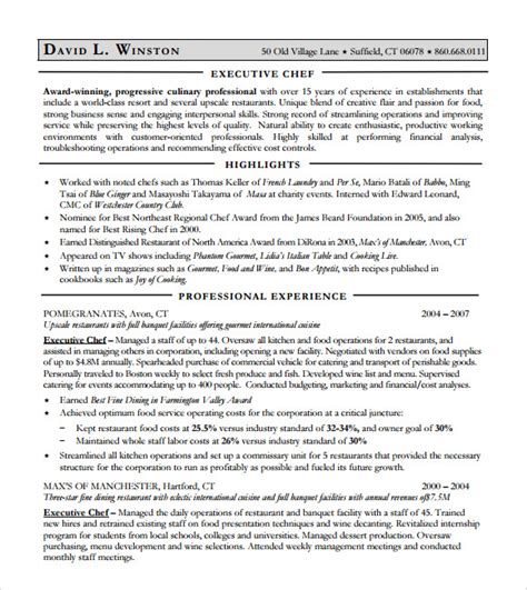 sample chef resume templates  ms word pages