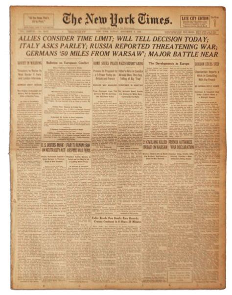 Lot Detail 3 September 1939 Of The New York Times