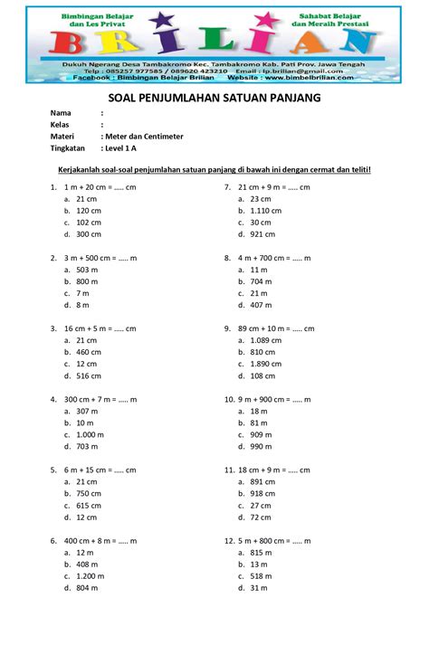 kumpulan soal penjumlahan satuan   cm bimbel brilian