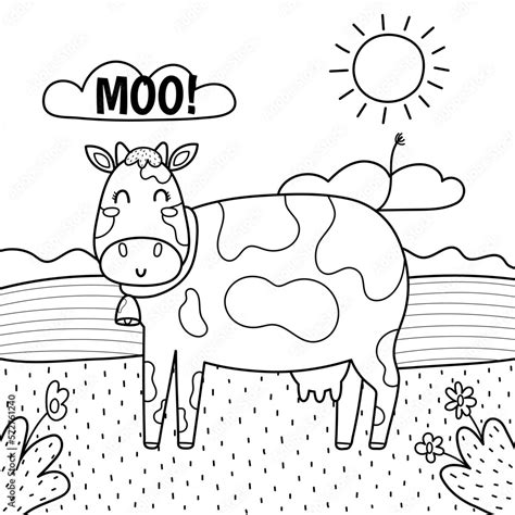 The Cow Goes Moo Black And White Print Coloring Page With Cute Farm