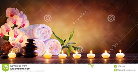 spa concept massage stones  towels  candles stock photo