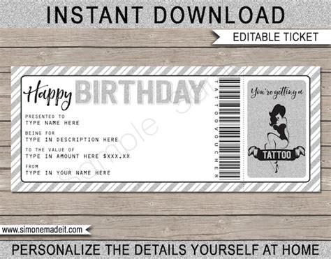 tattoo gift voucher template printable birthday gift ticket