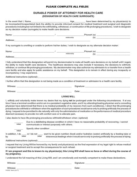 florida durable power  attorney  health care form living