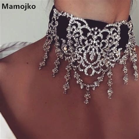 mamojko fashion luxury hollow pattern rhinestone lace choker necklace